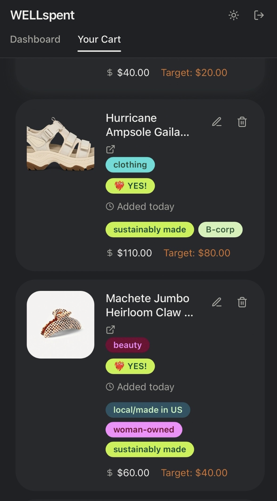 WELLspent cart showing saved products, values tags, prices, and spending targets in dark mode