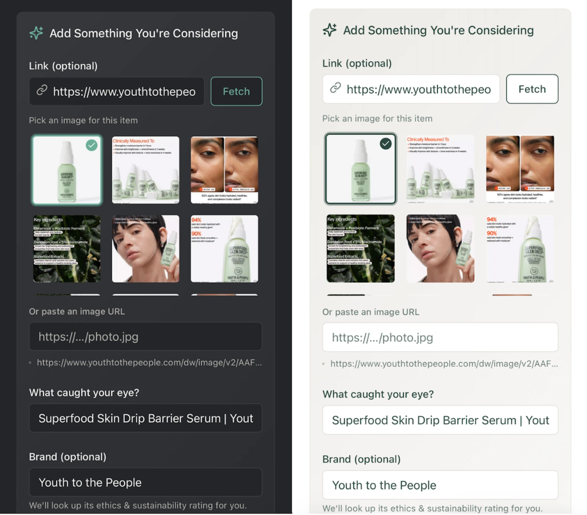 WELLspent add-item screen with link field, image picker, and brand details